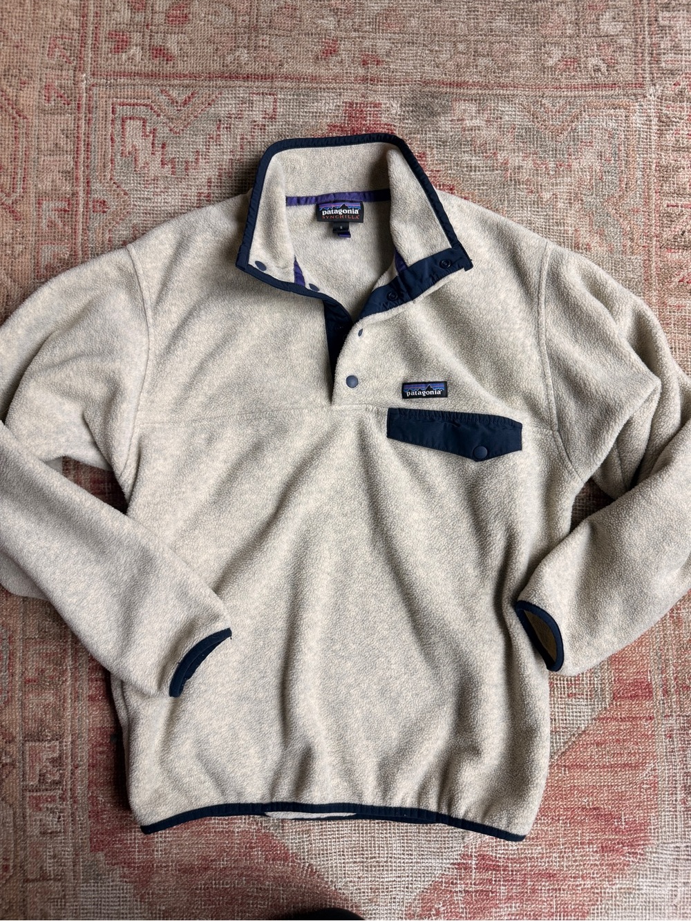 Patagonia Cream Fleece Pullover with Navy Trim